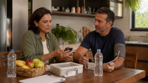 Casal brasileiro acompanha a rotina preventiva em casa enquanto a mulher consulta o celular e o homem mede a pressão arterial à mesa, com frutas, água e documentos de saúde.