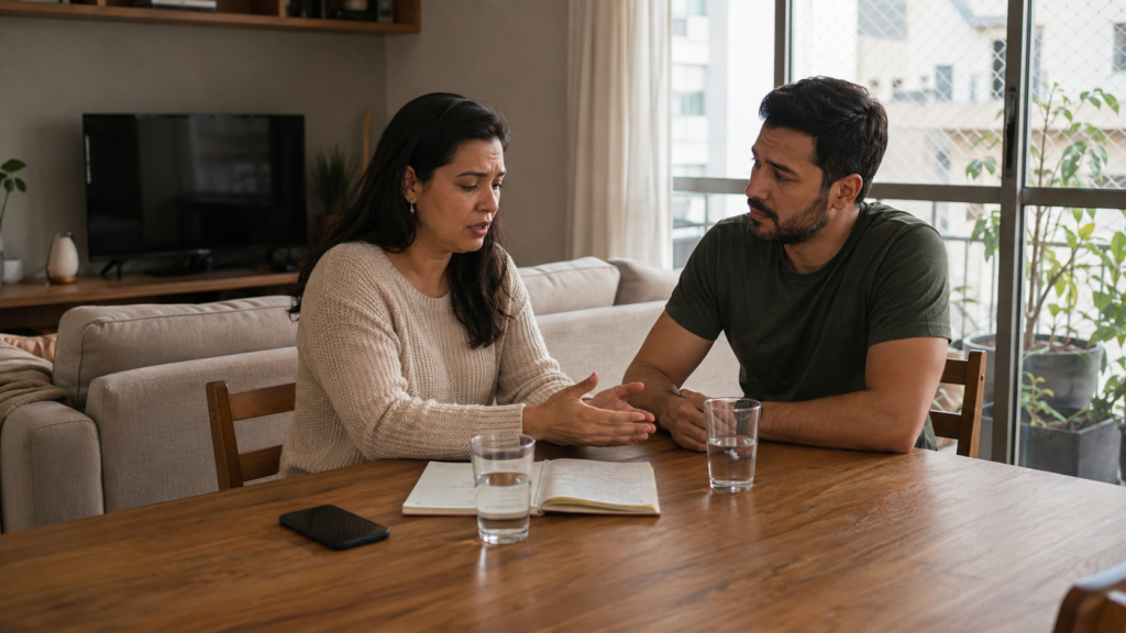 Casal brasileiro conversa com acolhimento à mesa de casa sobre inseguranças emocionais, enquanto o homem escuta a mulher com atenção e apoio.